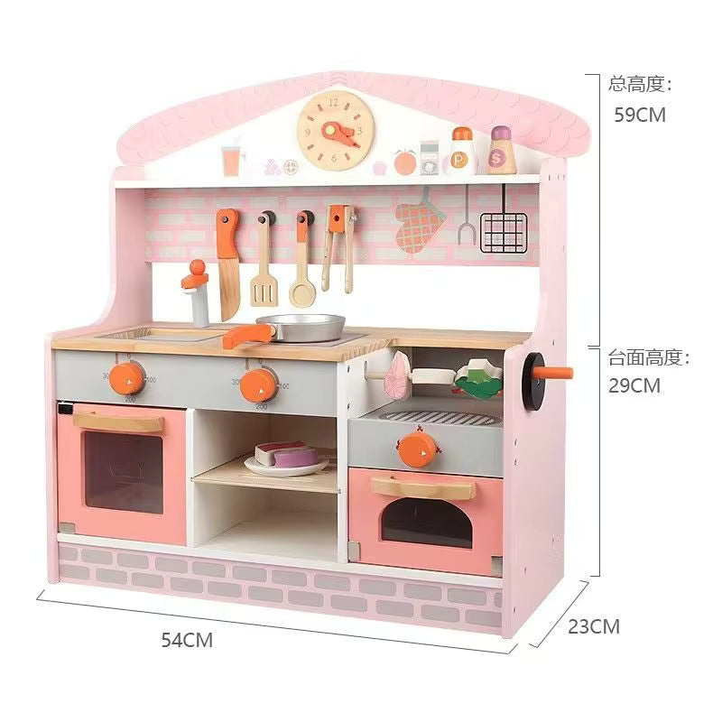 Children's pink toy kitchen set with various utensils and dimensions displayed.
