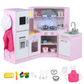 Pink toy kitchen set with various accessories on a white background