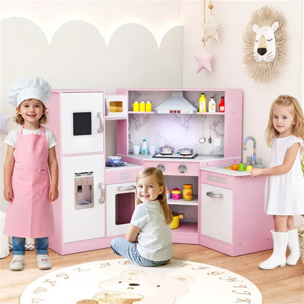 Children playing with a pink toy kitchen set in a room with a lion decoration on the wall.
