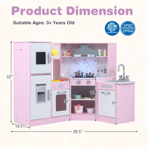 Children's toy kitchen set with dimensions and safety certification logos on a white background