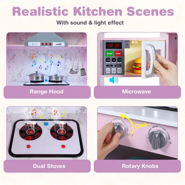 Realistic kitchen scene with sound and light effects including range hood, microwave, dual stoves, and rotary knobs.