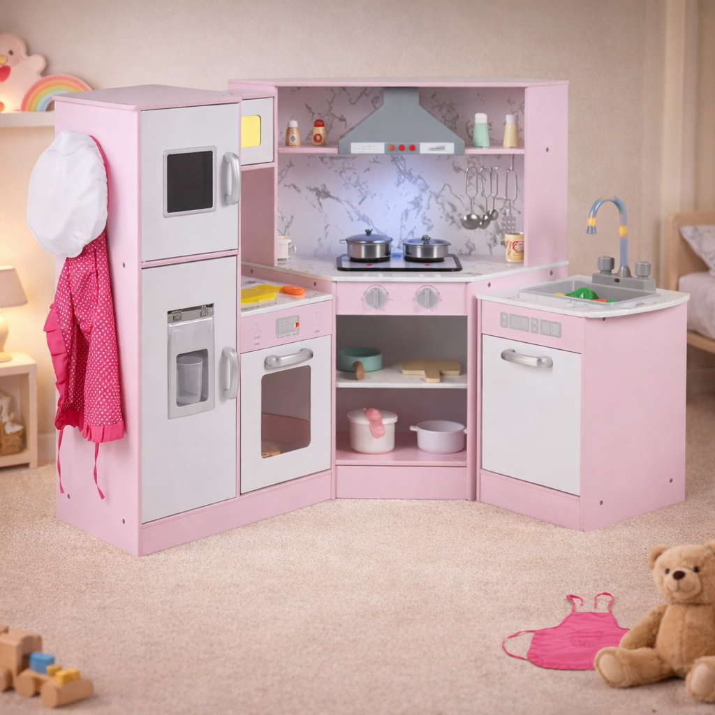 Pink toy kitchen set in a child's room with toys around