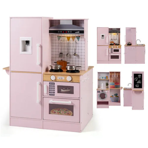 Pink toy kitchen set with various compartments and appliances on a white background