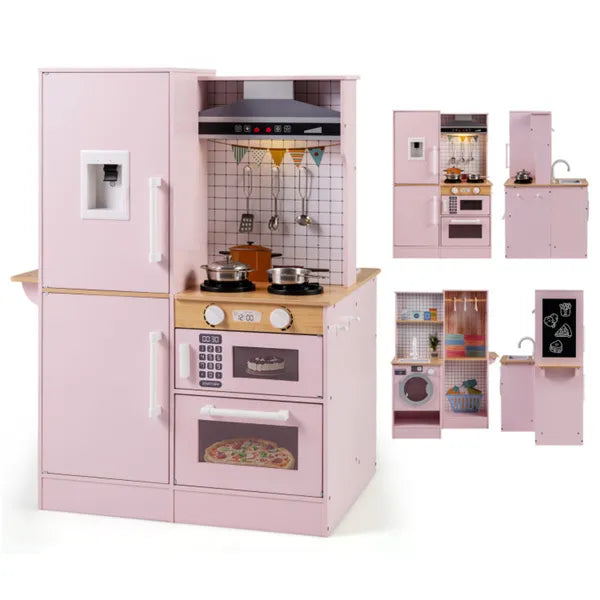 Pink toy kitchen set with various compartments and appliances on a white background