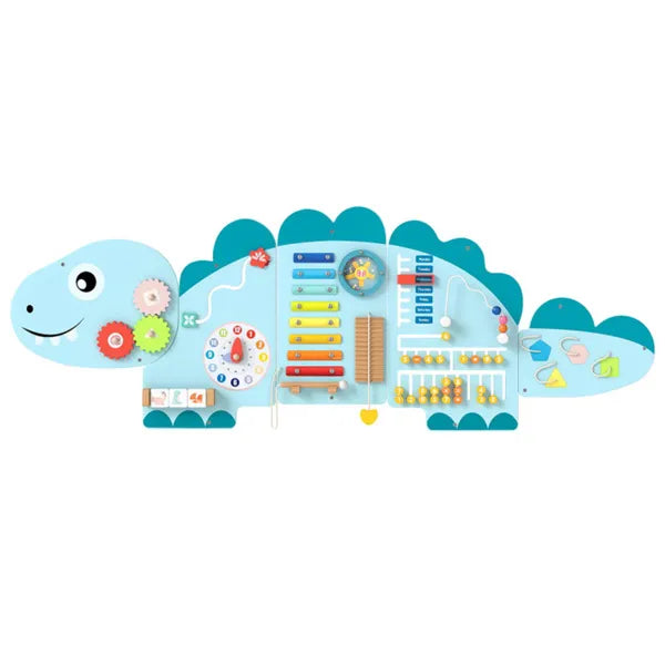 Toy dinosaur with various educational elements on a white background