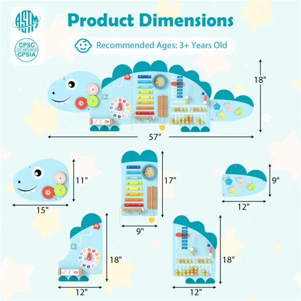 Product dimensions chart for a dinosaur-shaped educational toy with various measurements.