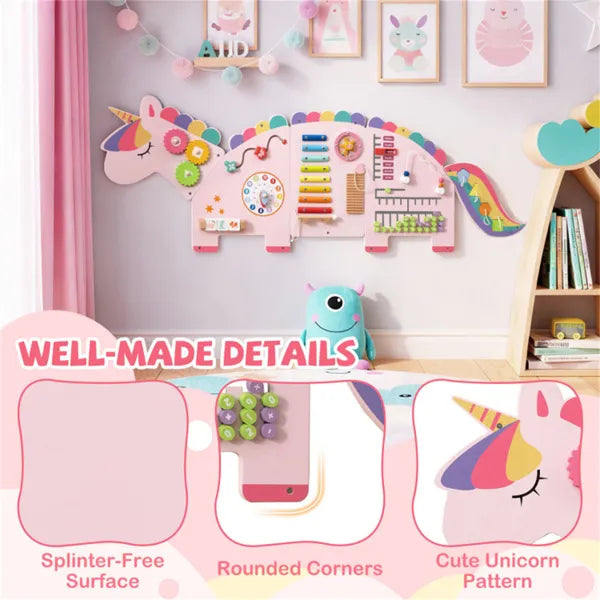 Children's room with a unicorn-themed wooden toy and decor elements.