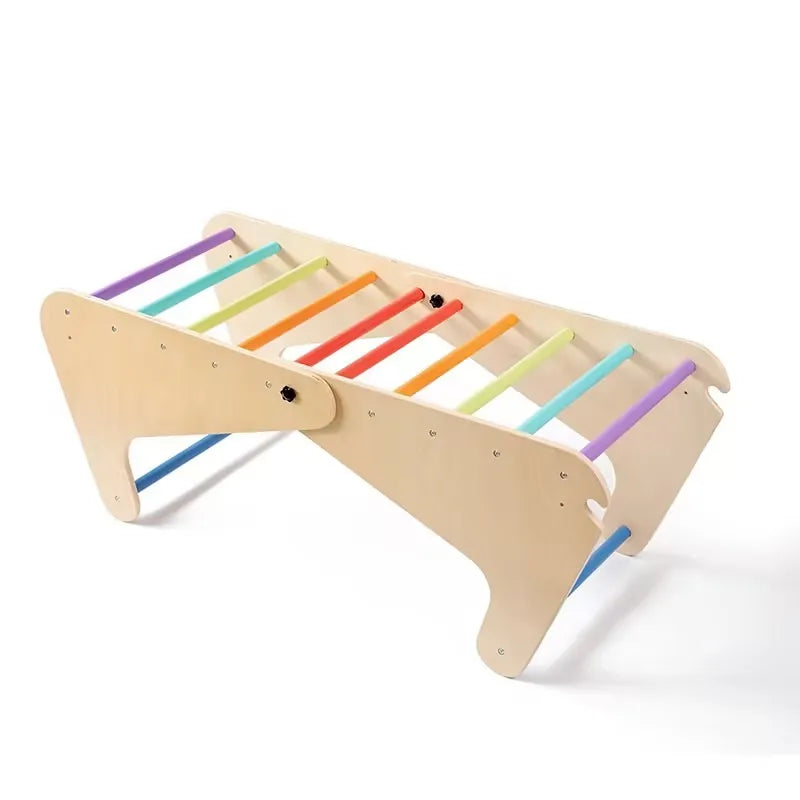 Wooden toy with colorful bars on a white background