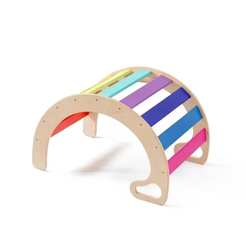 Colorful wooden toy with rainbow-colored slats on a white background