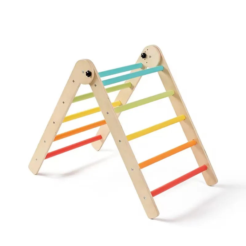 Colorful wooden climbing toy with rainbow-colored rungs on a white background