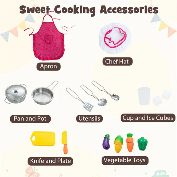 Set of children's cooking accessories including an apron, chef hat, pans, utensils, a cup with ice cubes, a knife and plate, and vegetable toys on a light background.