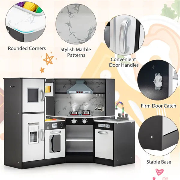 Play kitchen set with features highlighted on a white background