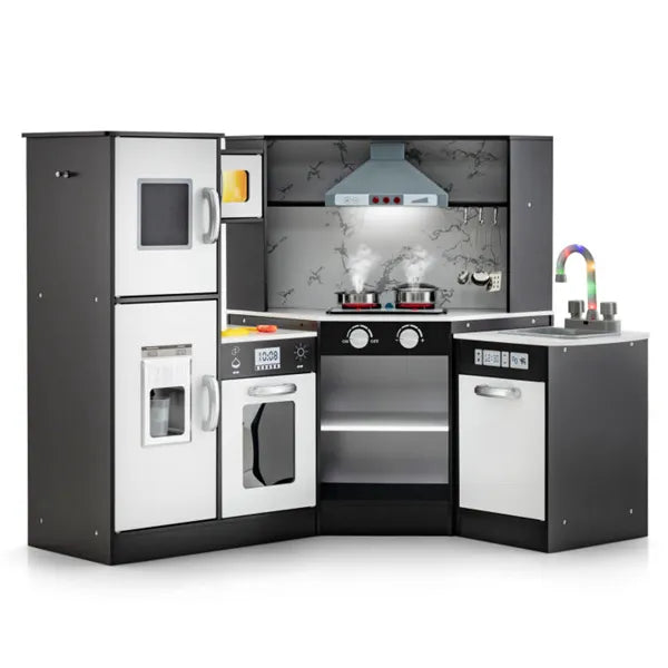 Children's toy kitchen set with black and silver cabinets on a white background