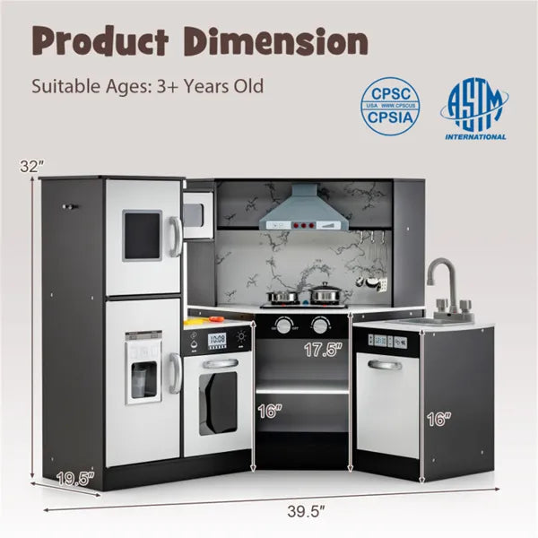 Children's play kitchen set with dimensions and safety certification logos on a gray background