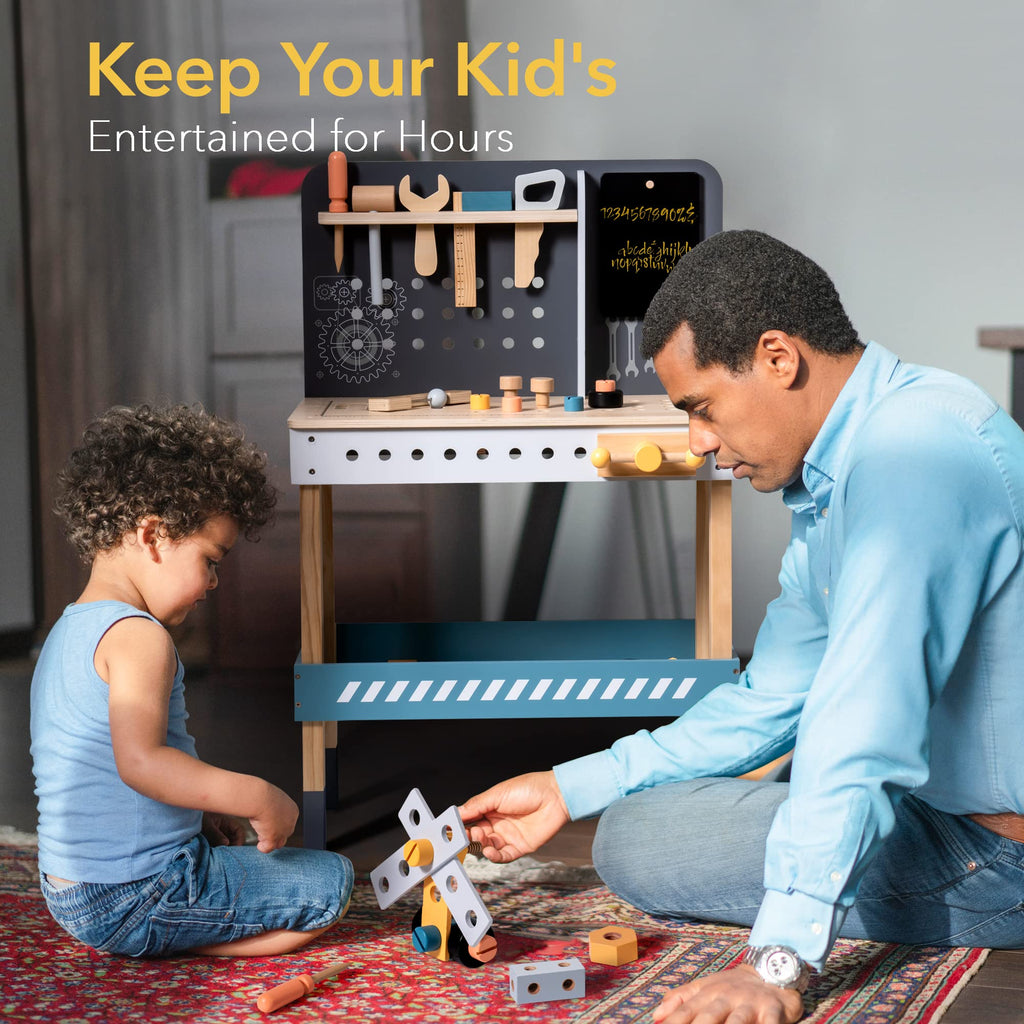 Man and child playing with toys in front of a toy workbench, with text 'Keep Your Kid's Entertained for Hours'.