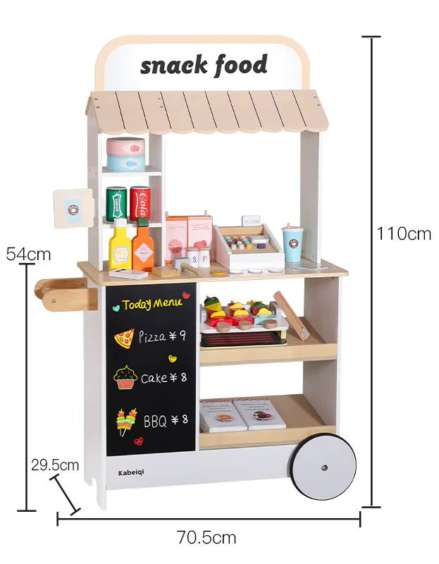 Children's play kitchen cart with snacks and a menu board, dimensions included.