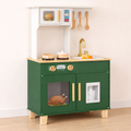 Children's play kitchen set with green base and wooden top, featuring toy appliances and utensils.