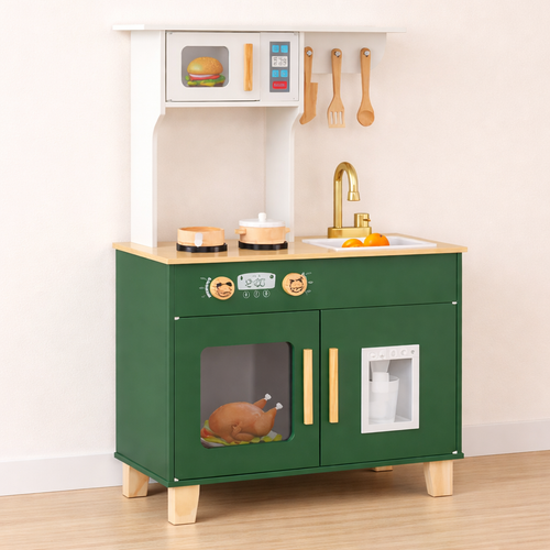 Children's play kitchen set with green base and wooden top, featuring toy appliances and utensils.