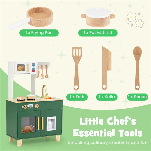 Toy kitchen set with utensils and tools on a green background
