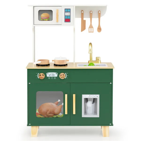 Children's toy kitchen set with green base and various functional elements on a white background