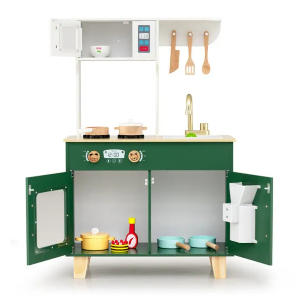 Toy kitchen set with green base and wooden top on a white background