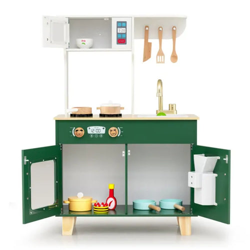 Toy kitchen set with green base and wooden top on a white background