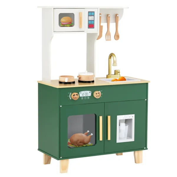 Children's play kitchen set with green base and white top on a white background