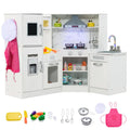 White toy kitchen set with various accessories on a white background