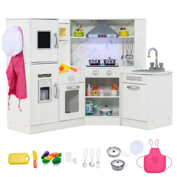 White toy kitchen set with various accessories on a white background