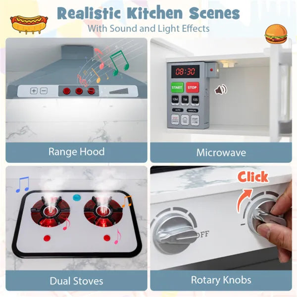 Realistic kitchen appliances with sound and light effects including range hood, microwave, dual stoves, and rotary knobs.