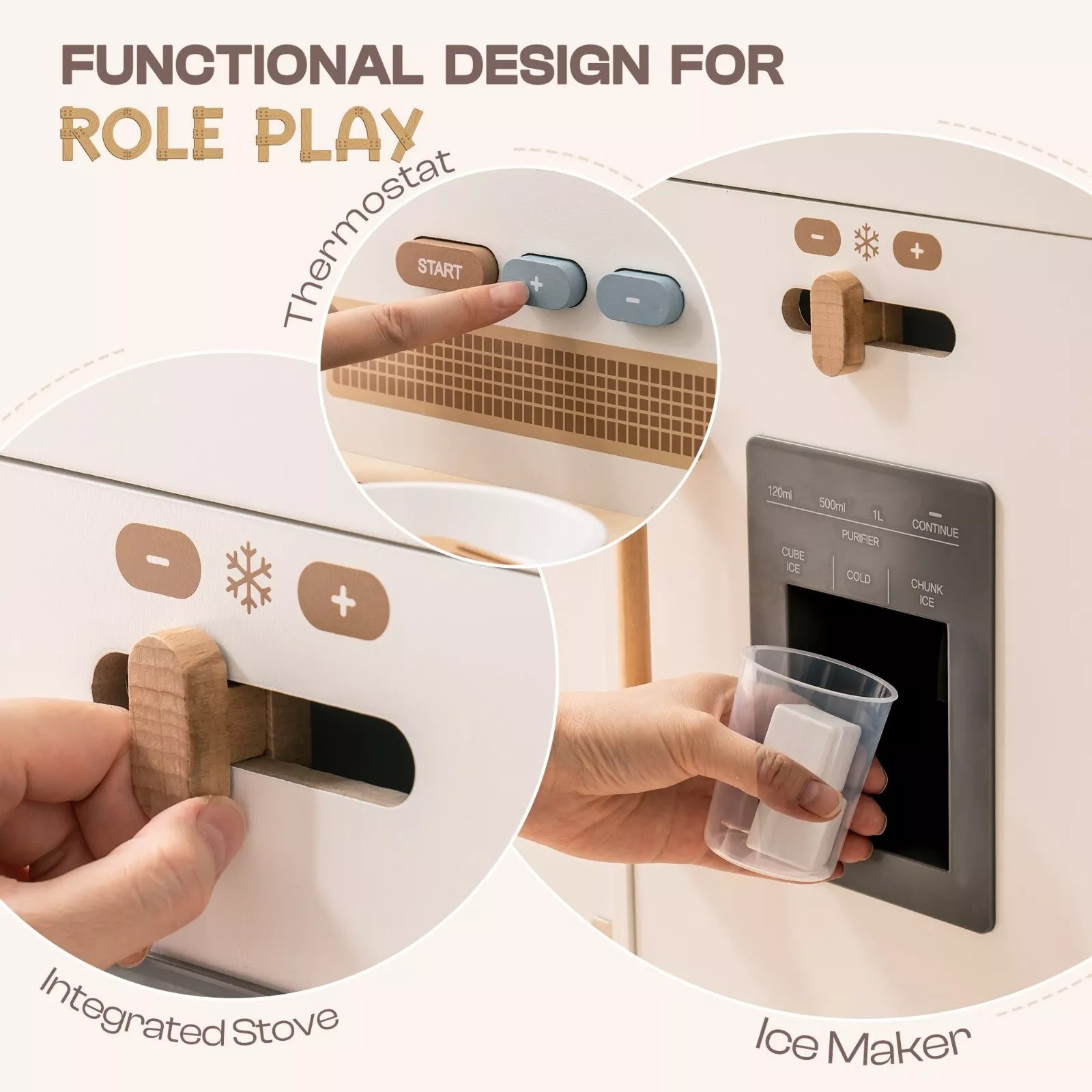 Functional design for role play with wooden montessori kitchen. All function buttoms
