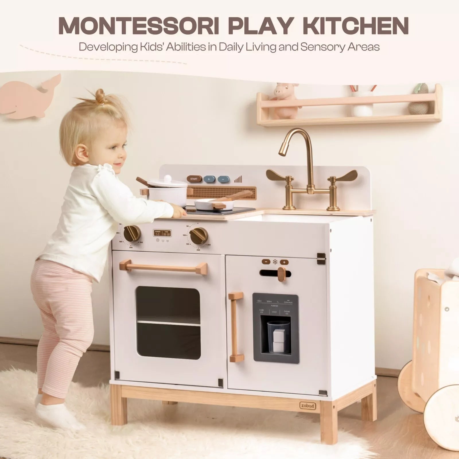 Baby is playing with wooden montessori kitchen set 