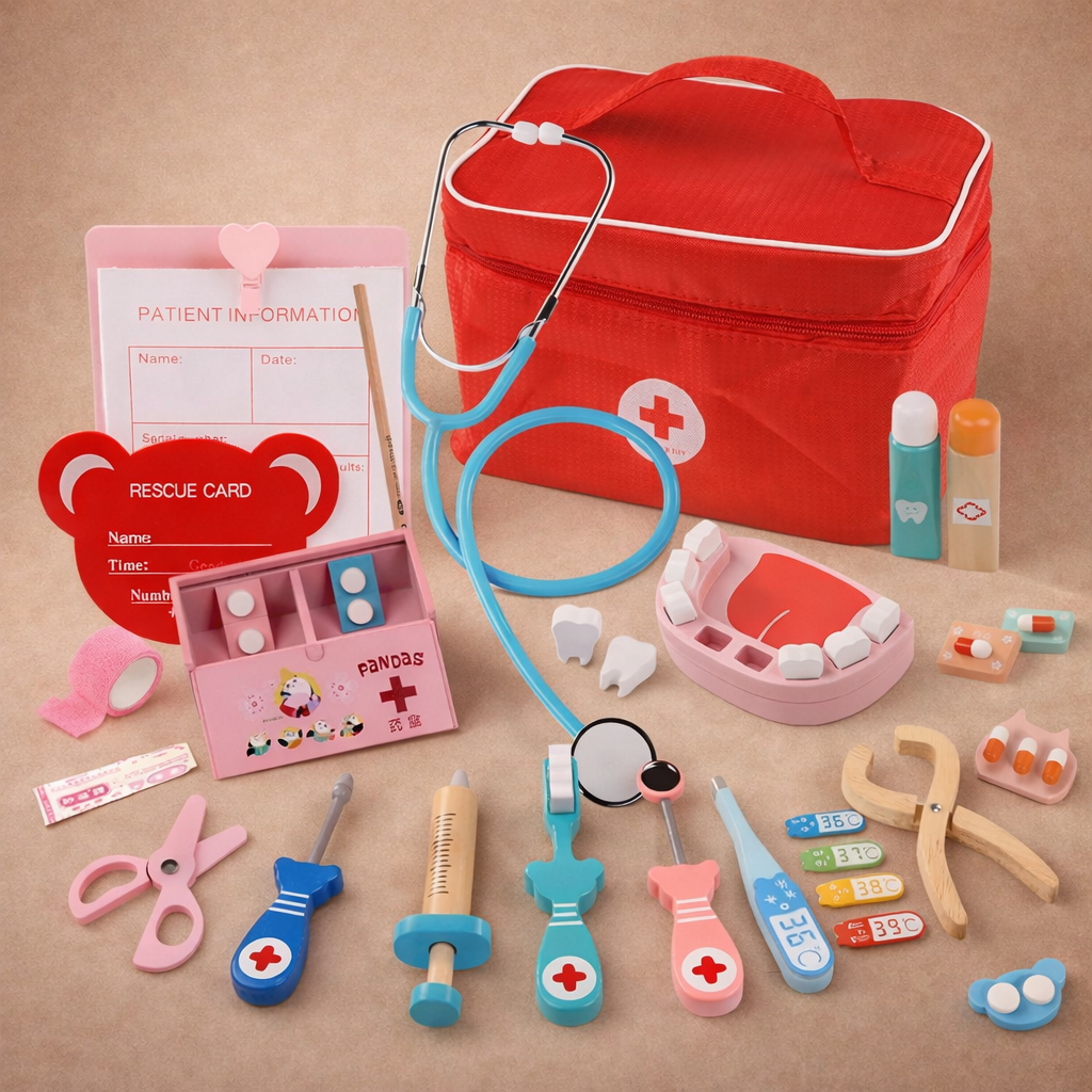 Children's toy medical set with red bag, stethoscope, and various pretend medical tools on a beige background.