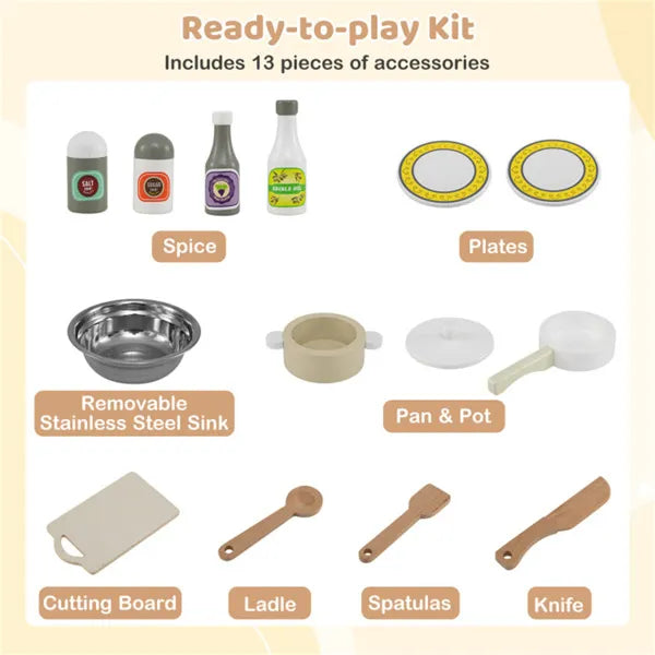 Set of toy kitchen accessories including spice bottles, plates, a sink, pots, pans, a cutting board, ladle, spatulas, and a knife on a beige background.