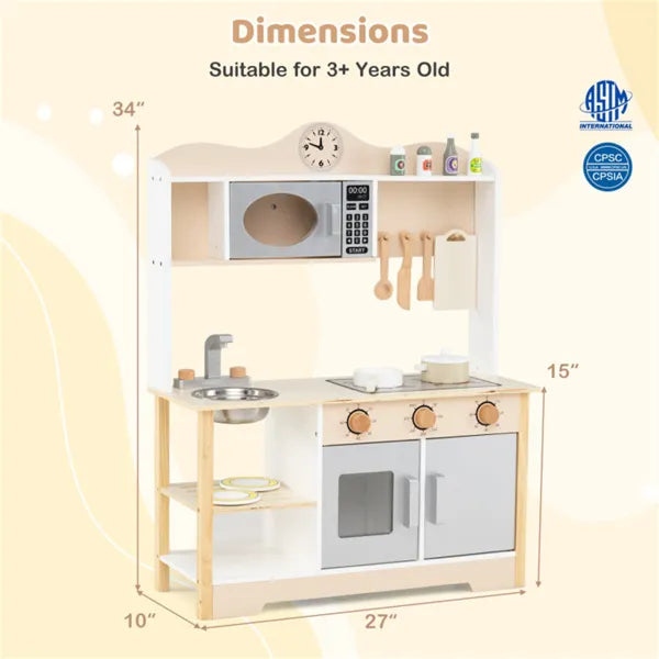 Wooden play kitchen set with dimensions and safety certification logos on a beige background