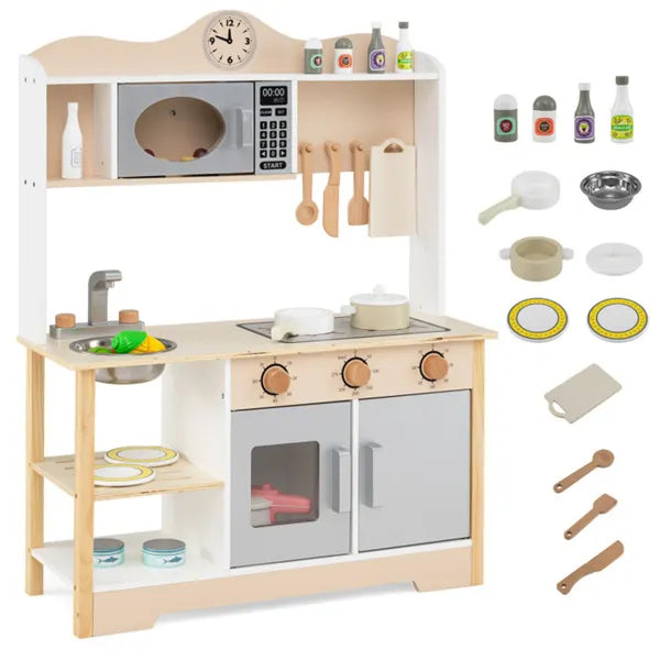 Wooden play kitchen set with accessories on a white background