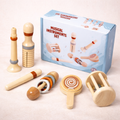 Set of wooden musical instruments with packaging on a light background