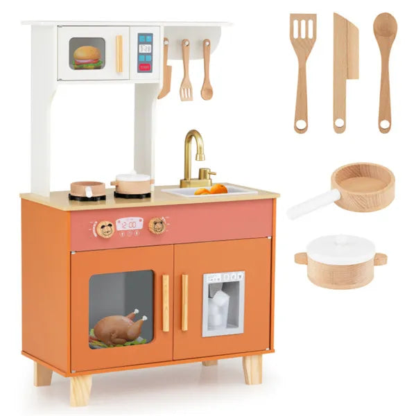 Wooden toy kitchen set with accessories on a white background