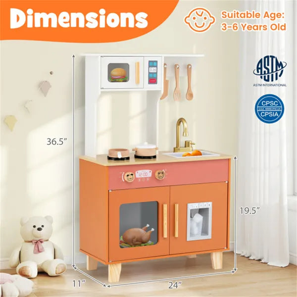 Children's play kitchen set with dimensions and safety certification logos on a light background