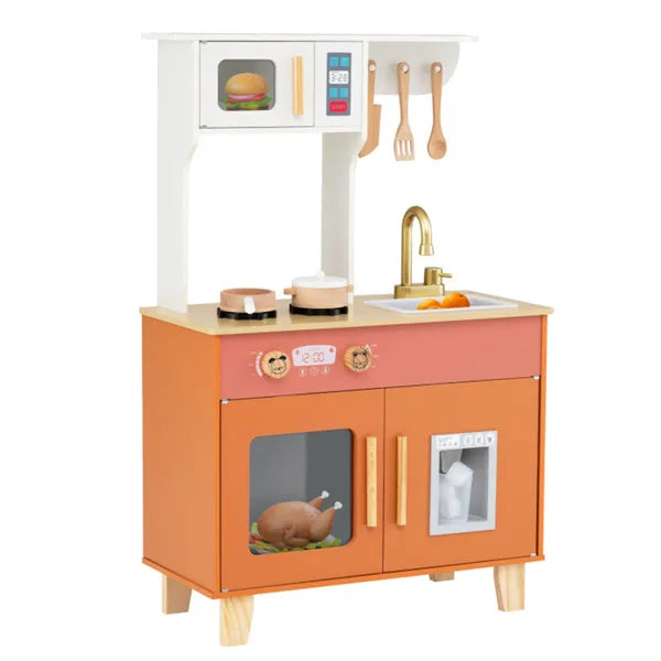 Children's play kitchen set with orange and white design on a white background
