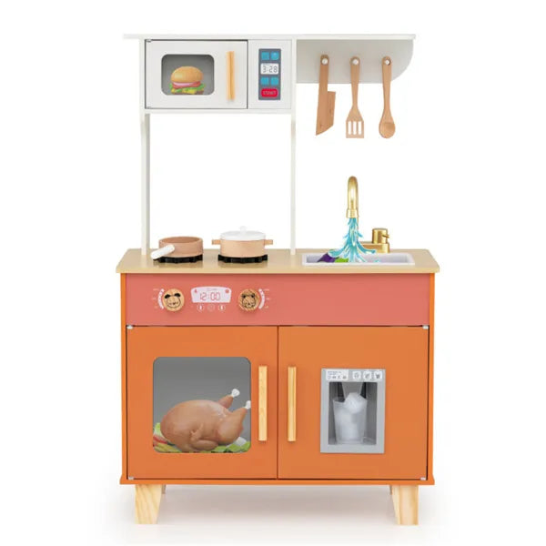 Children's wooden play kitchen set with various accessories on a white background