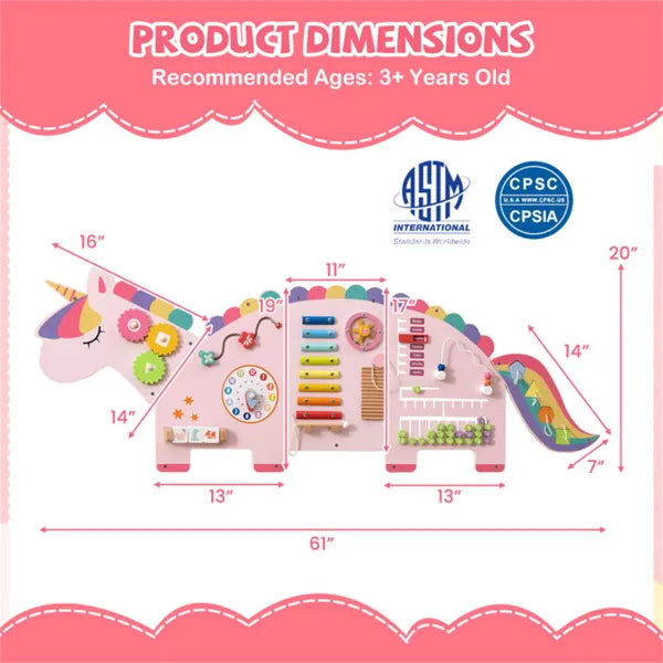 Dimensions of a unicorn-shaped educational toy with safety certification logos on a pink background.