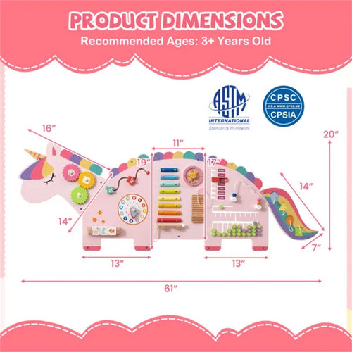 Dimensions of a unicorn-shaped educational toy with safety certification logos on a pink background.