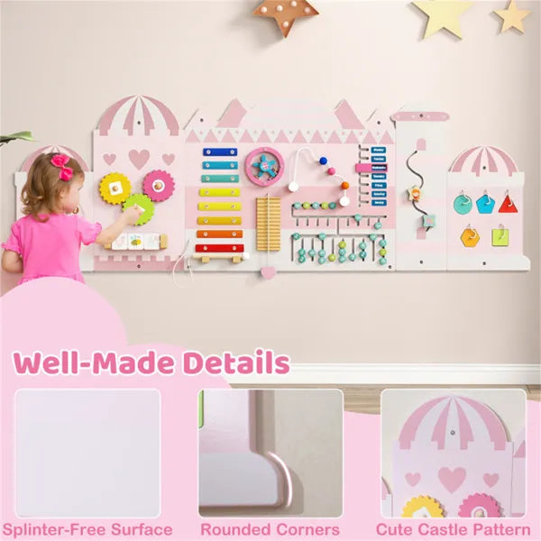 Child playing with a colorful educational wall panel featuring well-made details.