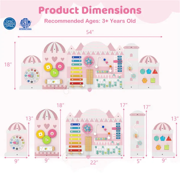 Product dimensions chart for a children's craft kit with dimensions and recommended age on a pink background.