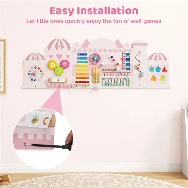 Children's wall game set with colorful activities on a white wall, featuring text about easy installation.