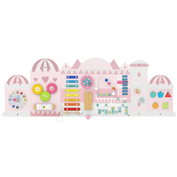 Colorful children's toy with various interactive elements on a white background