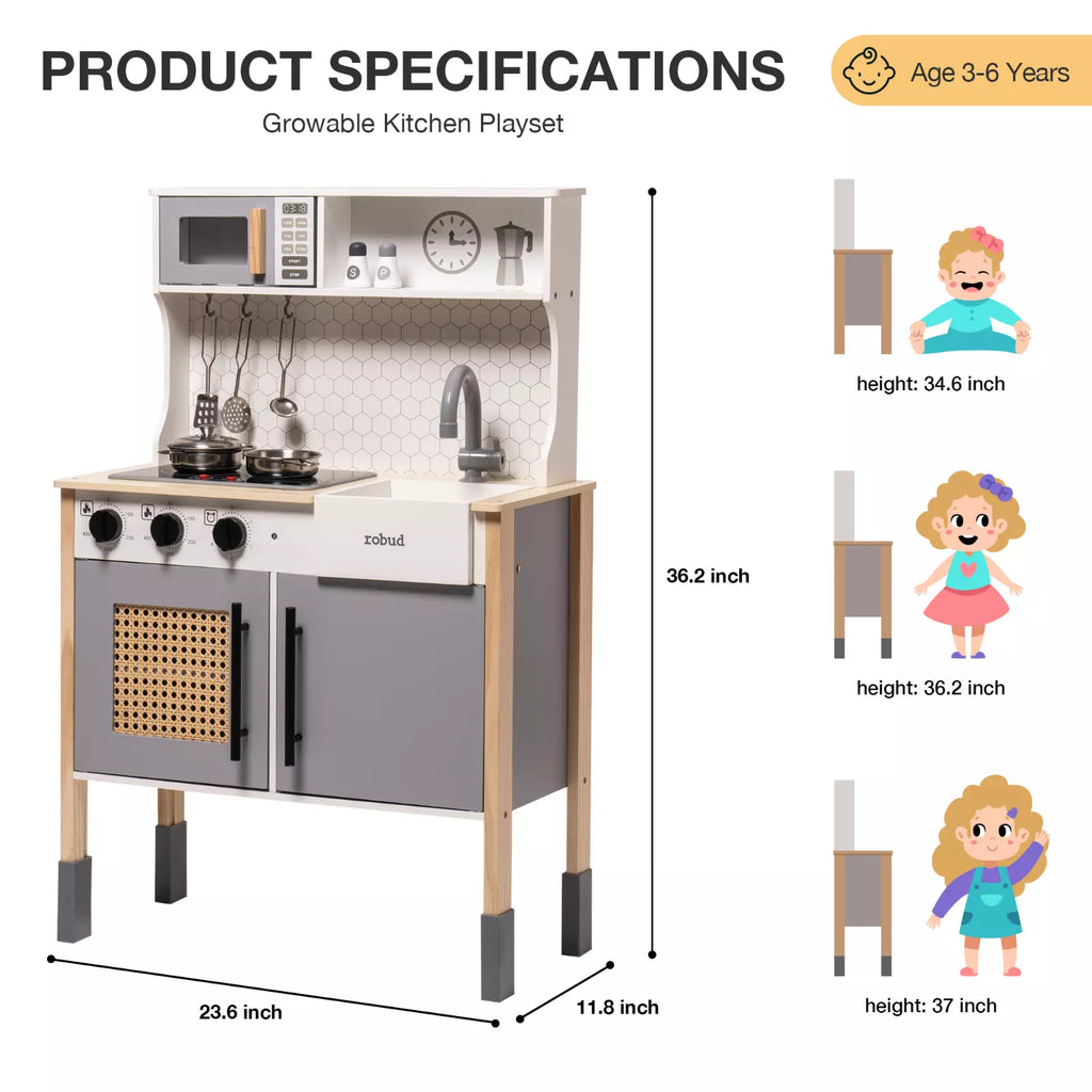Growable kitchen playset with dimensions and height measurements for children aged 3-6 years.