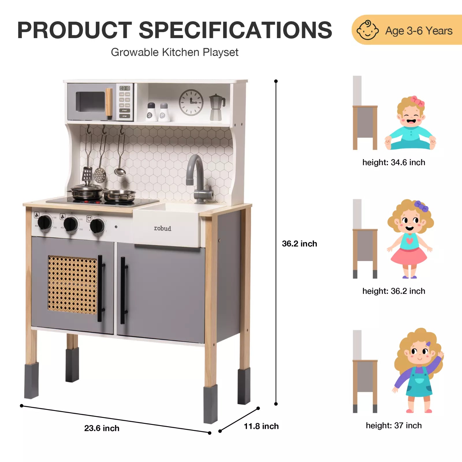 Growable kitchen playset with dimensions and height measurements for children aged 3-6 years.