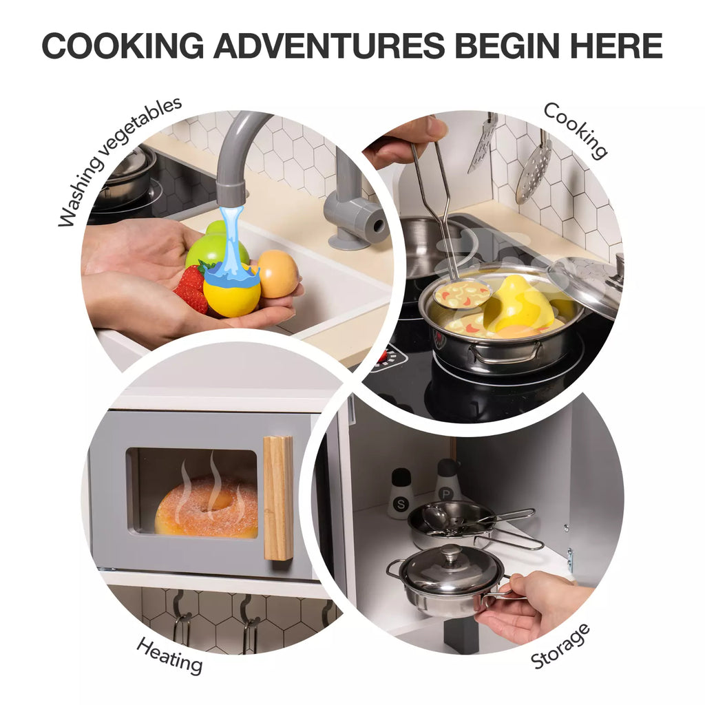 Collage of kitchen activities with text 'Cooking Adventures Begin Here' at the top.